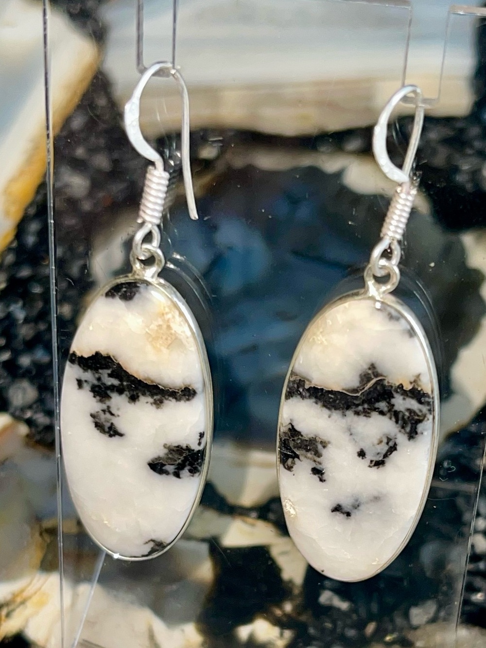Thin White Buffalo Turquoise Earrings 2” - Picture 9 of 17